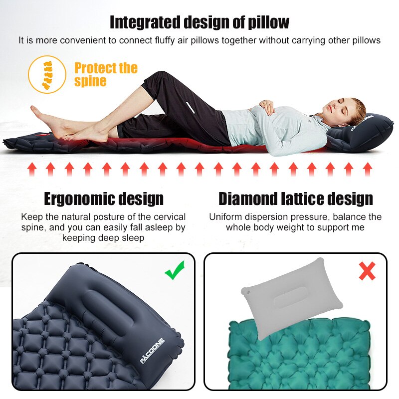 Outdoor Camping Inflatable Mattress Sleeping Pad with Pillows Ultralight Air Mat Built in Inflator Pump Hiking